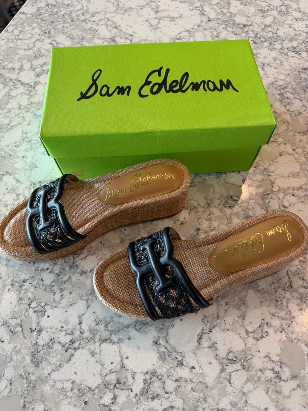 Sam Edelman Pauleena Black Leather Raffia-Wrapped Platform Slides size 8